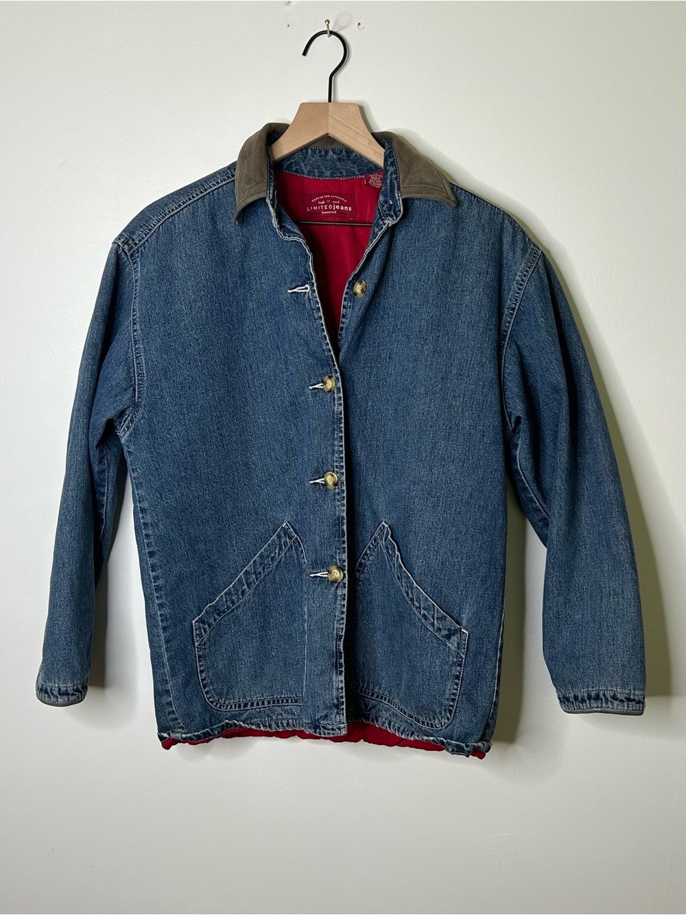 Vintage 90’s Oversized Limited Jeans Denim Barn Jacket w/ Red Lining Size XS